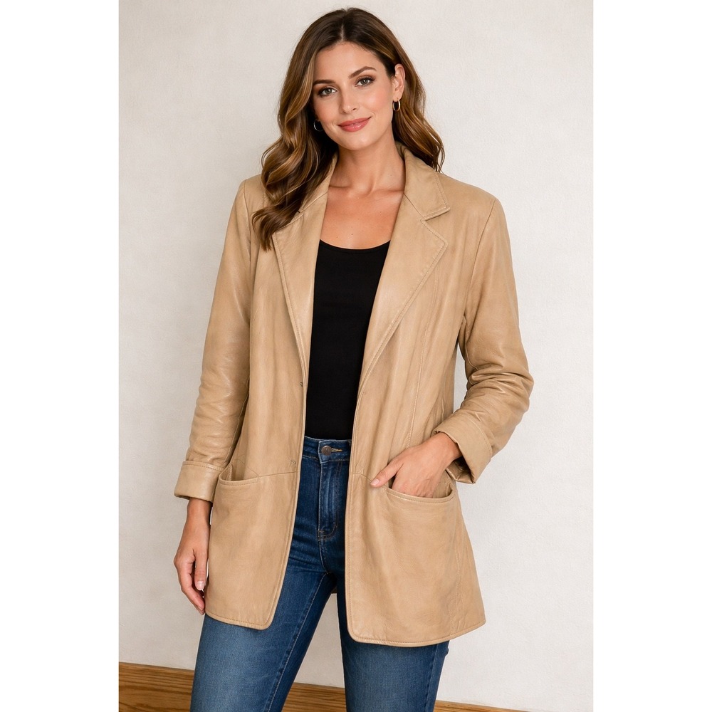 Lanna Vintage Tan Leather Blazer Jacket Womens Medium Made in USA Camel‎ Beige